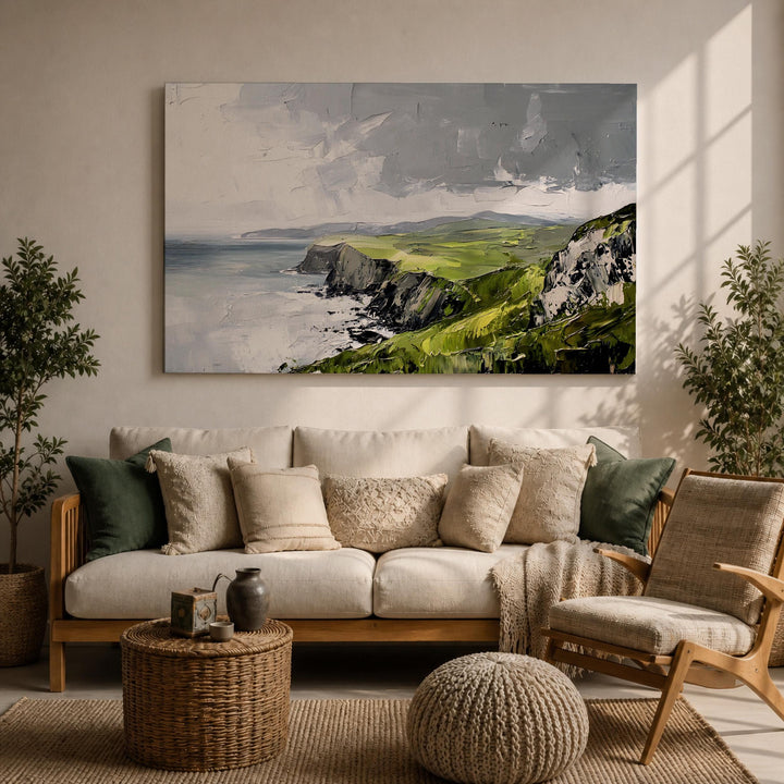 Rugged sea cliffs and emerald water in a framed wall art