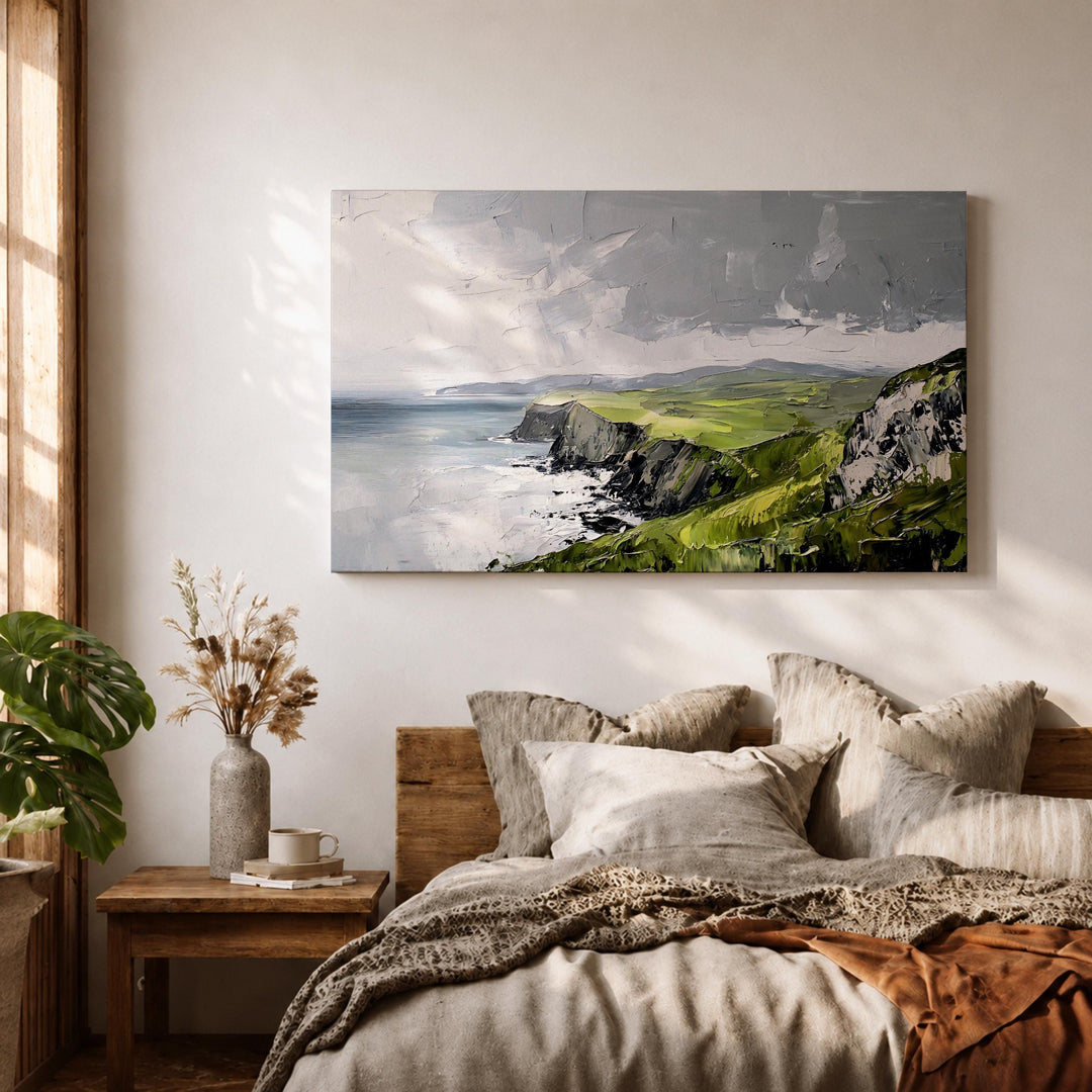 Framed canvas coastal scene with rustic wood-looking frame