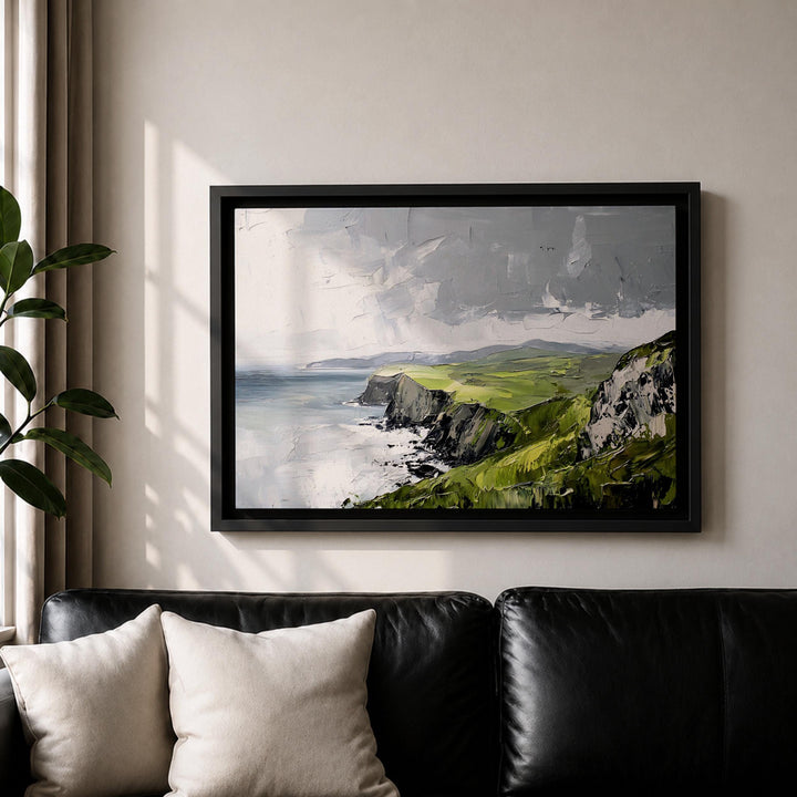 Foamy waves and dramatic cliffs under moody sky artwork