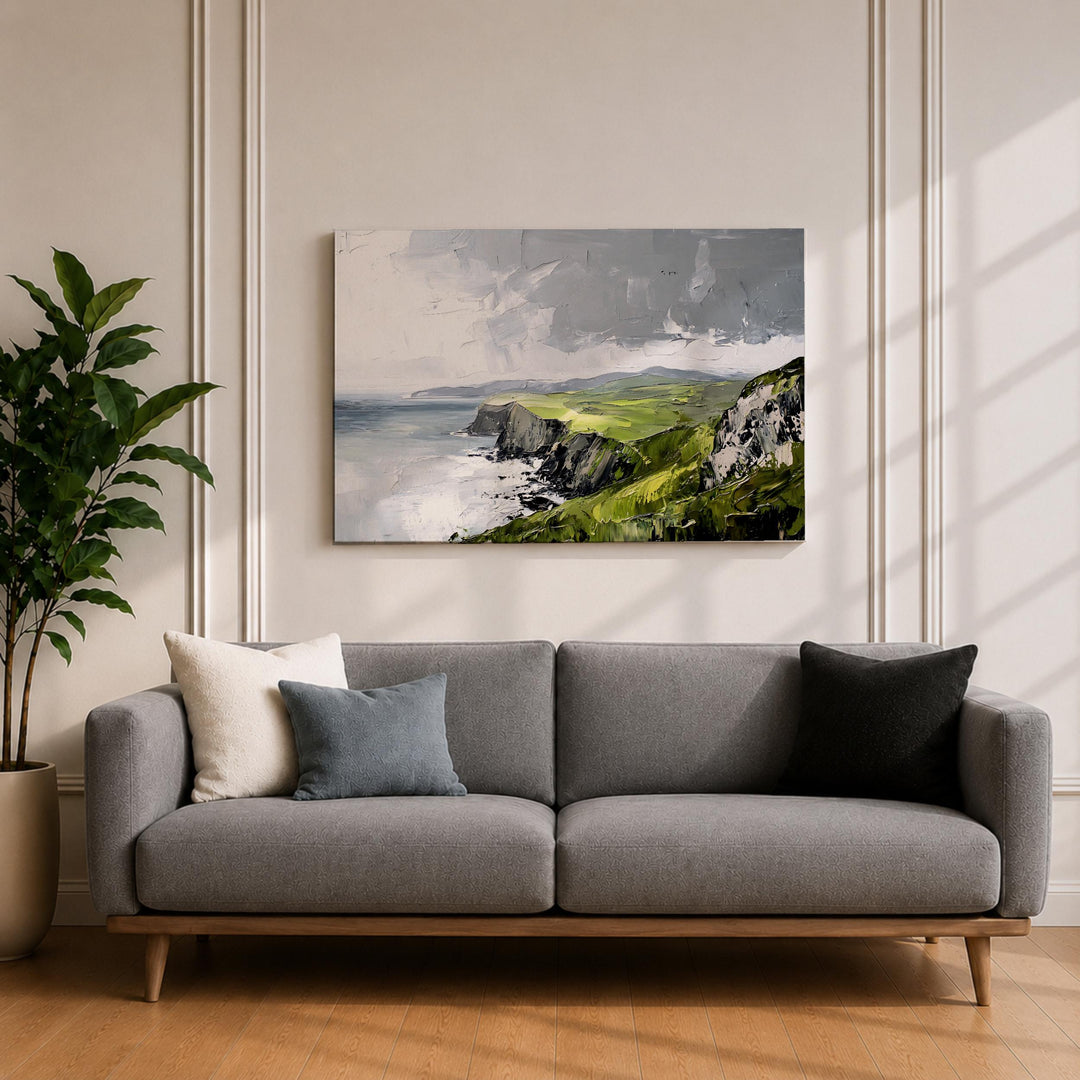 Green-blue coastline cliffs depicted in textured wall art