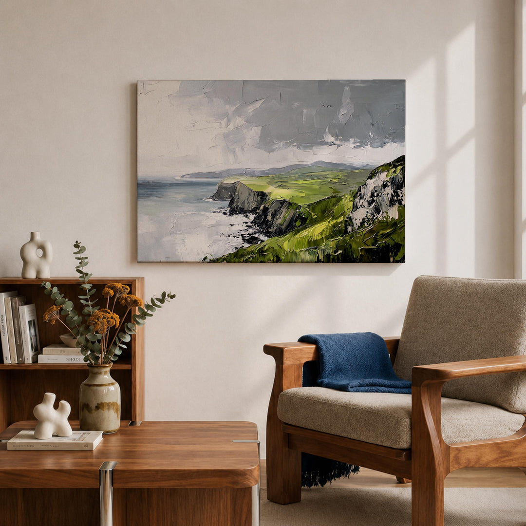 Irish seaside landscape with rugged cliffs and calm harbor tones