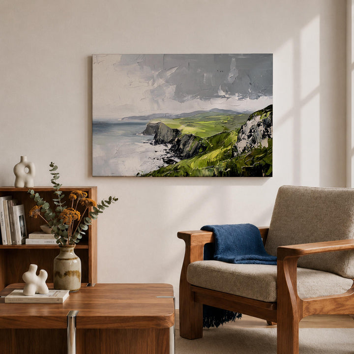 Irish seaside landscape with rugged cliffs and calm harbor tones