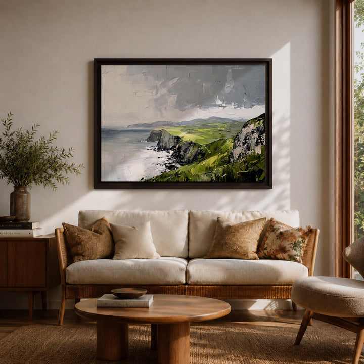 Muted greens and browns coastal landscape framed canvas