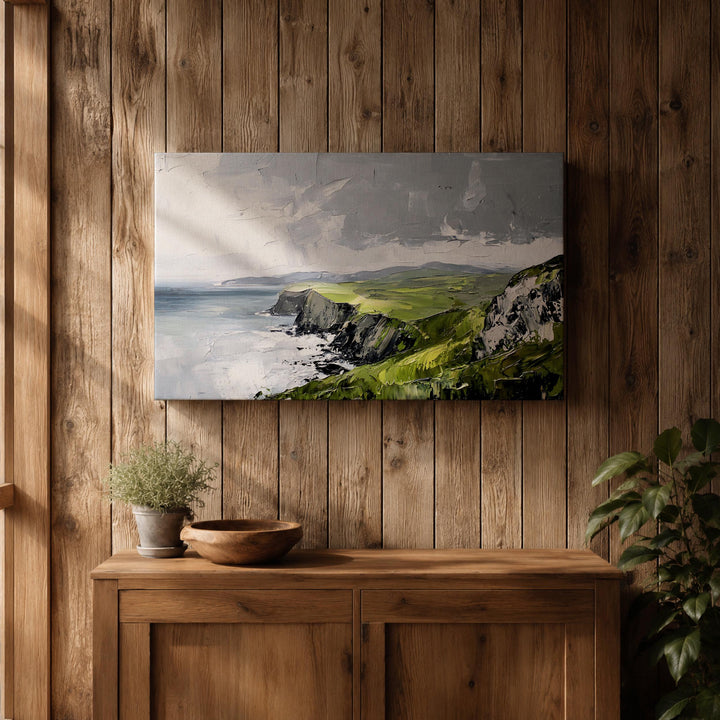 Seascape of Irish coast with cliffs and sea in oil-like paint