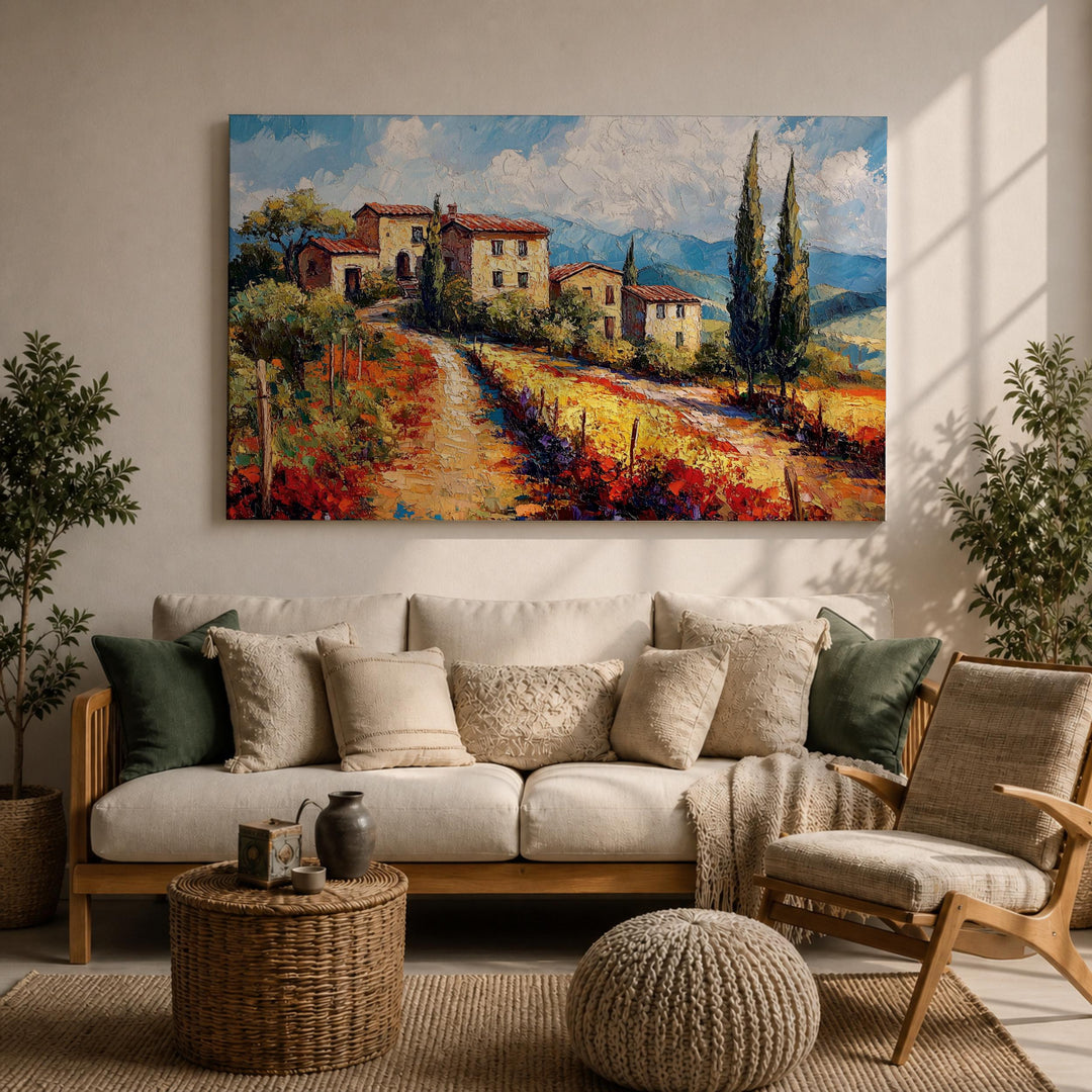 Textured impasto canvas with Mediterranean palette
