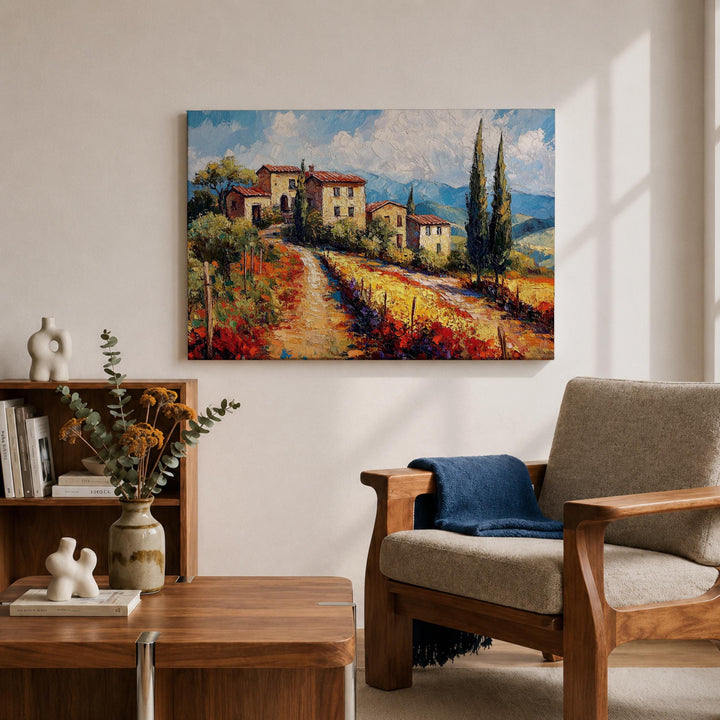 Natural wood framed canvas depicting Tuscan scenery