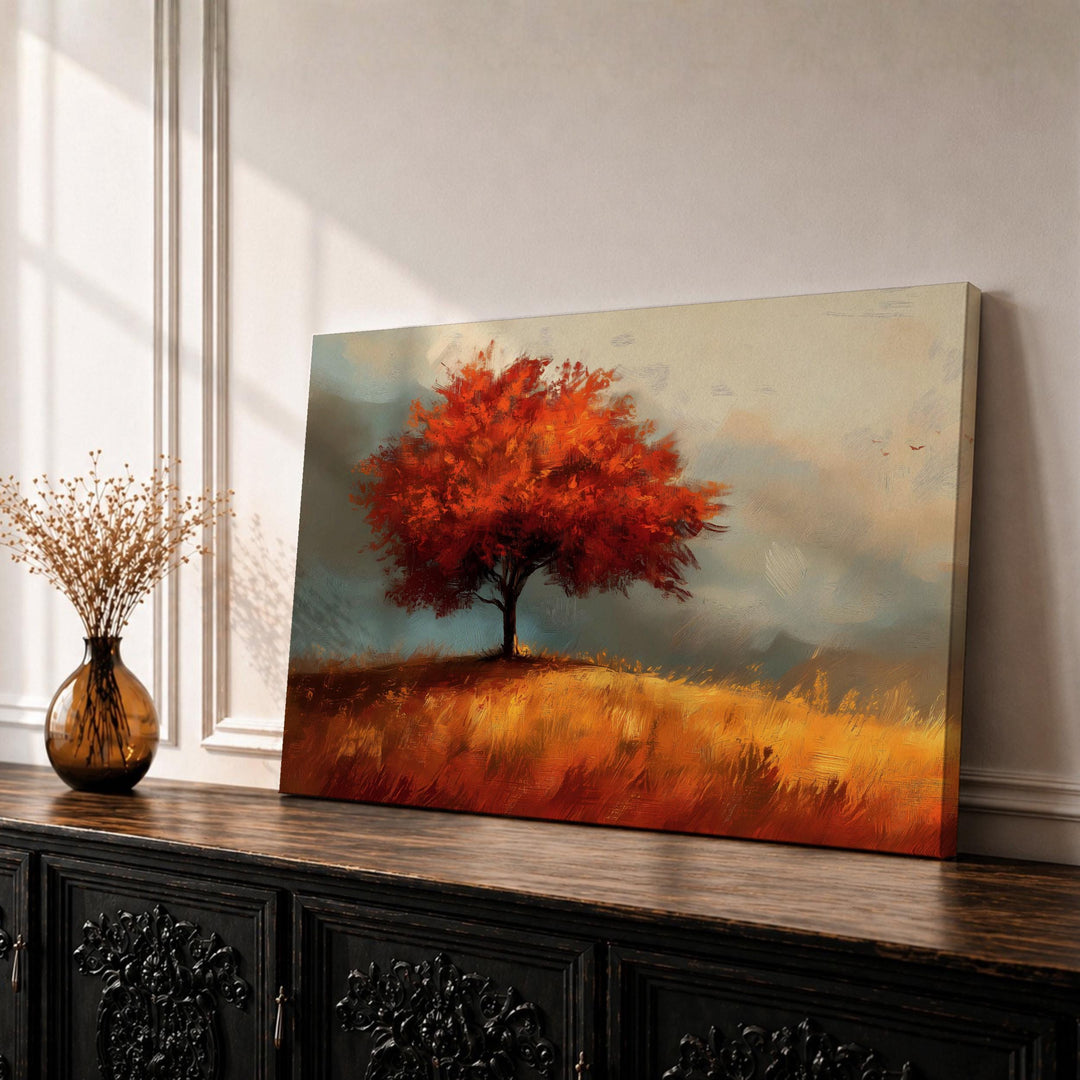 Red autumn tree framed canvas artwork with rustic wood frame