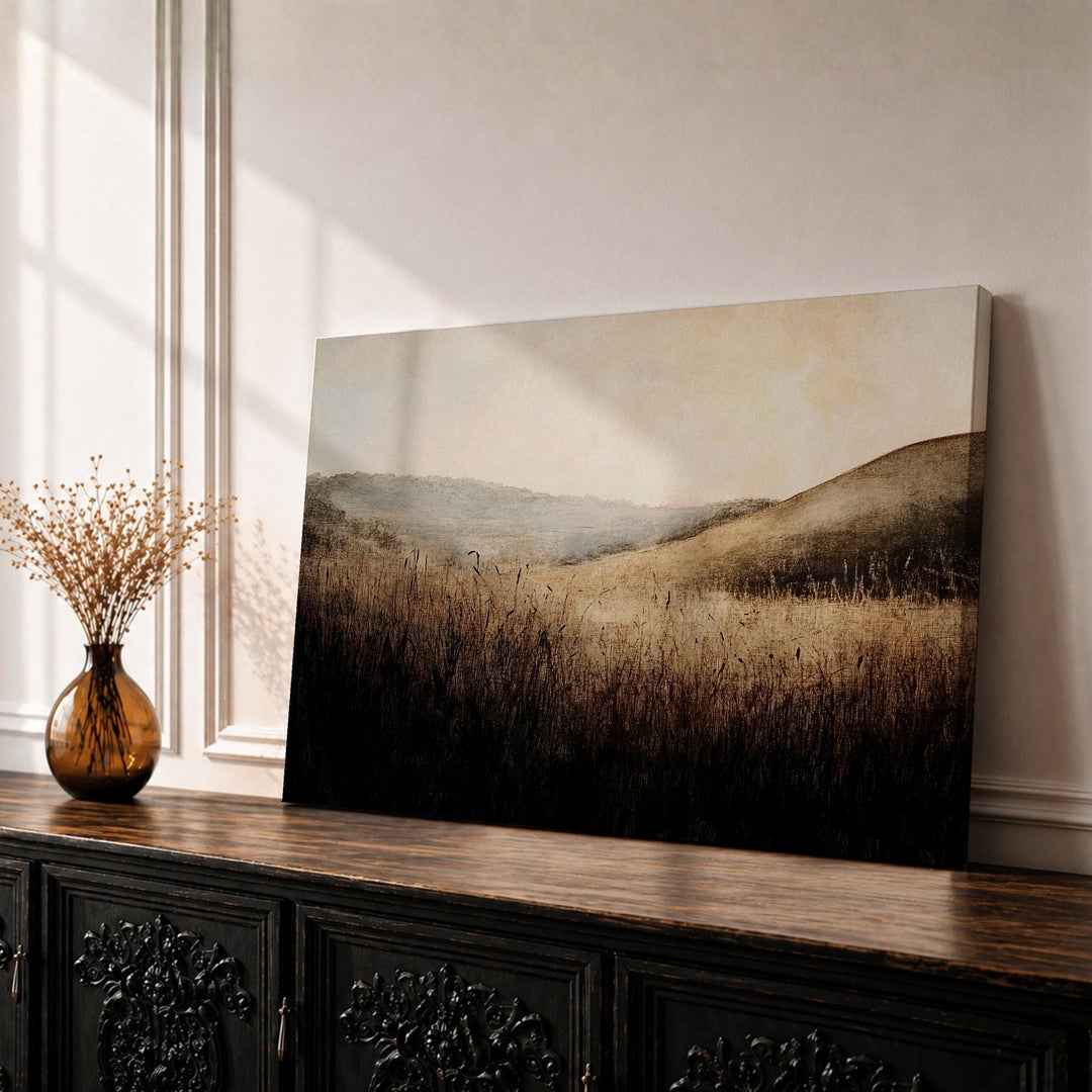 Rustic countryside landscape on framed canvas with blue sky