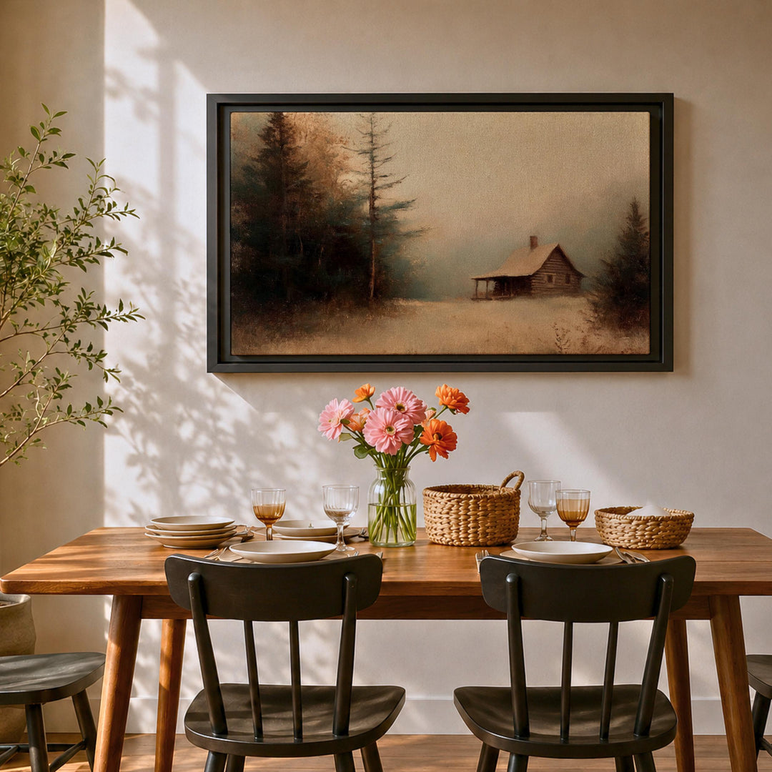 log house winter scene framed canvas with wood frame