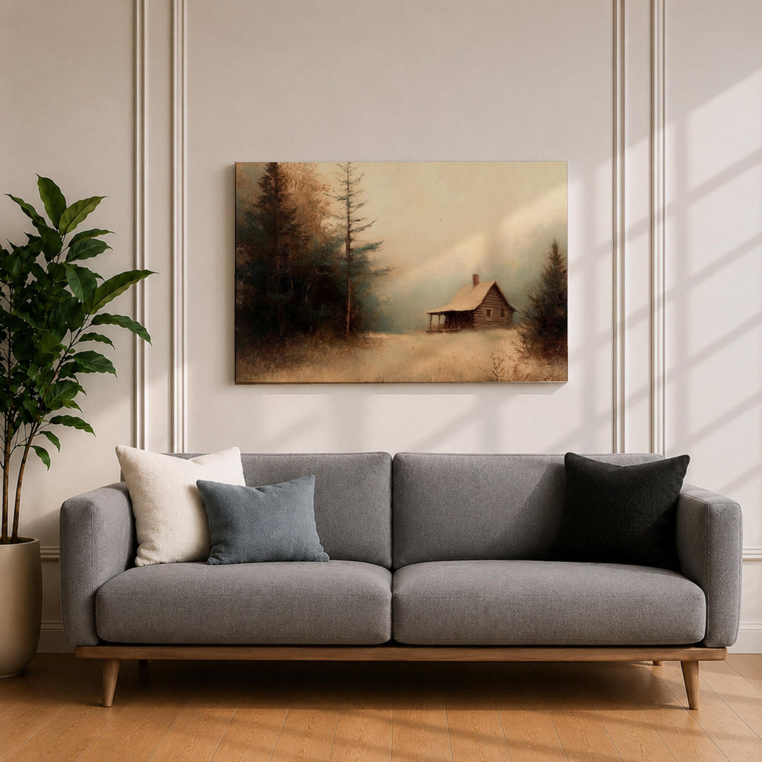 cabins and lodge landscape artwork on wall