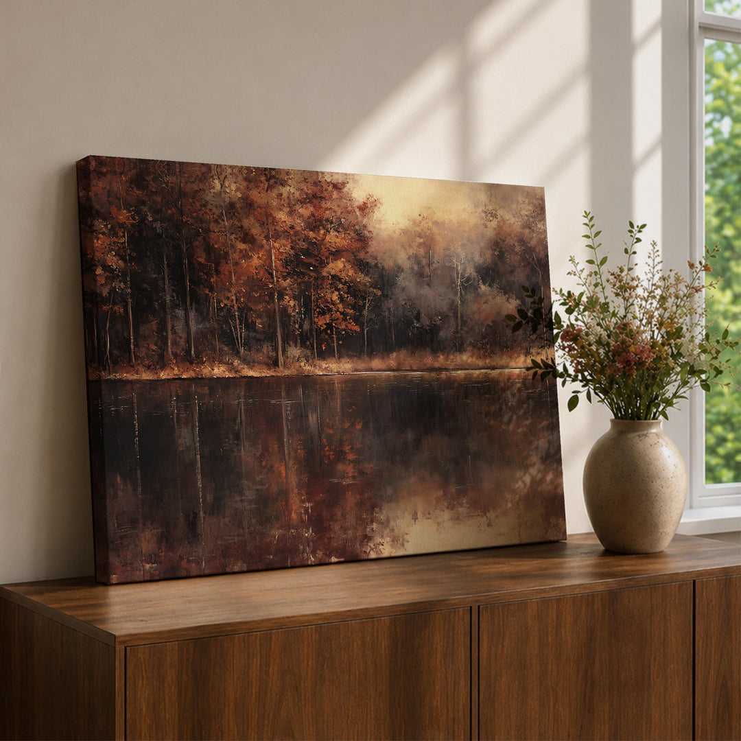 Framed canvas forest lake with evergreen trees