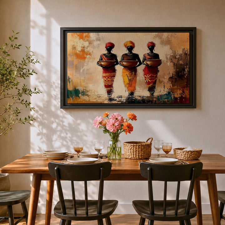 Abstract tribal sisters artwork on canvas with wooden frame