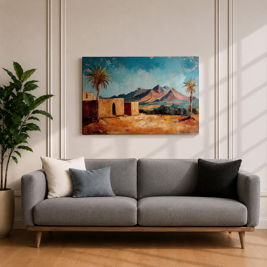 Desert oasis and mountain backdrop on canvas wall decor
