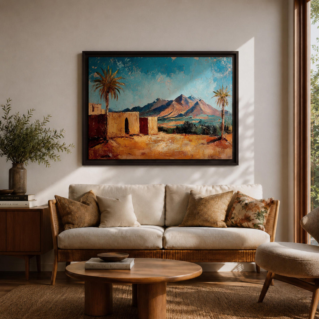 Close-up of palm leaves over desert oasis in wall art frame