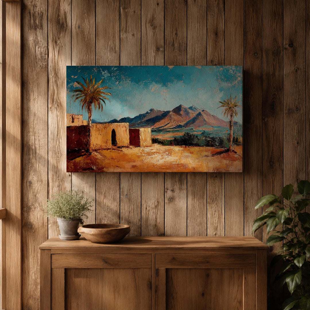 Expanded desert landscape with palm trees on framed canvas