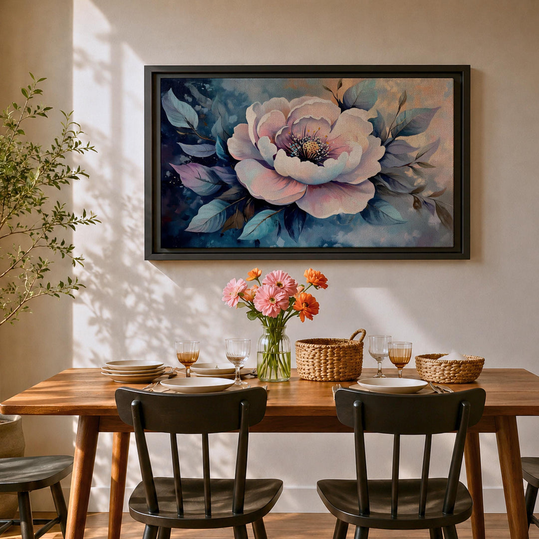 Soft pink peony print on a wood-framed canvas