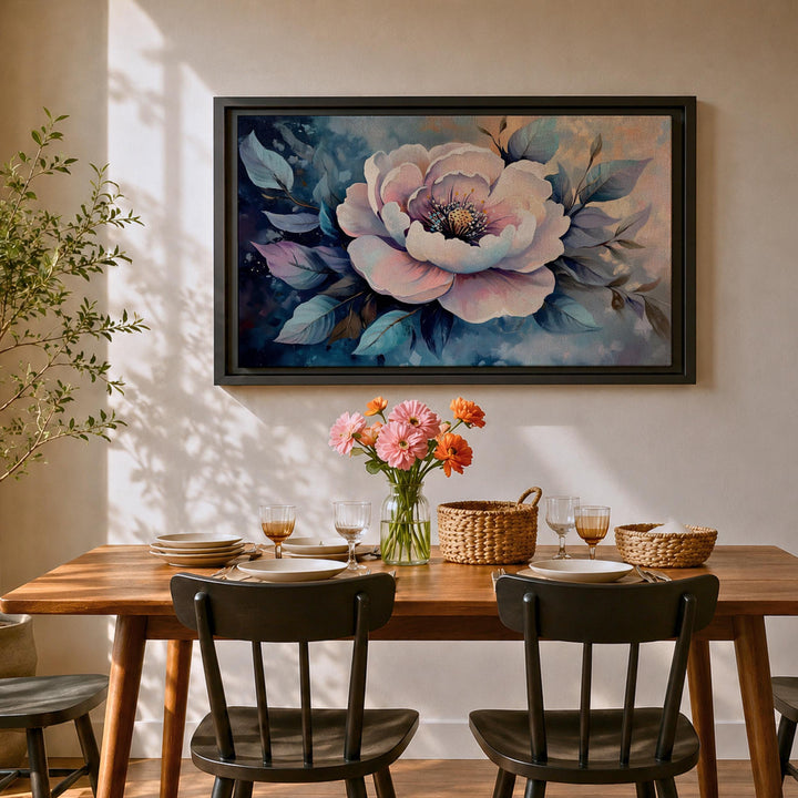 Soft pink peony print on a wood-framed canvas