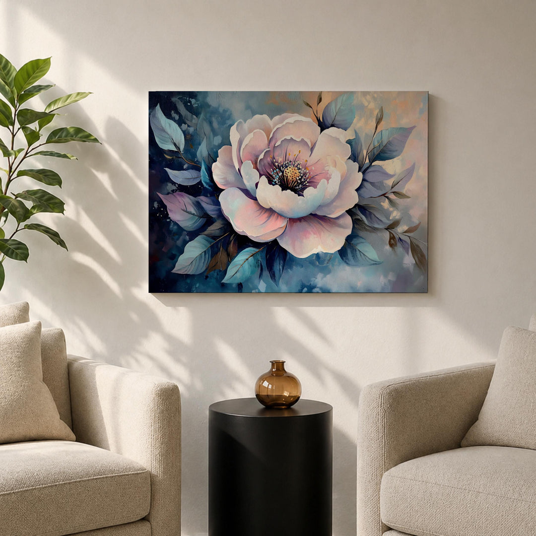 Living room wall art with pink peony on natural wood frame