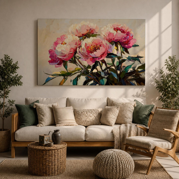 Pink peony bouquet on framed canvas wall art - detailed petals