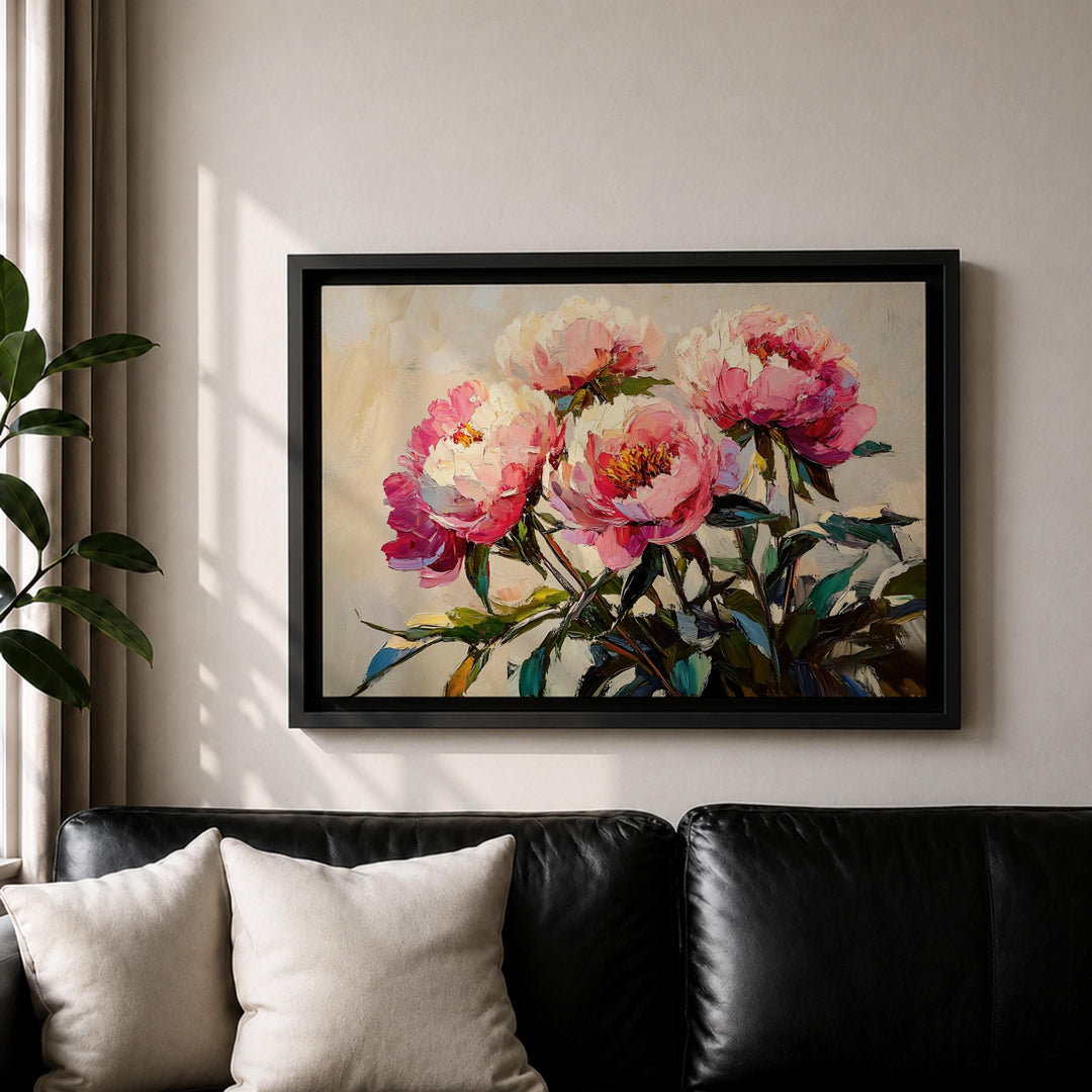 Textured impasto peony painting on premium canvas