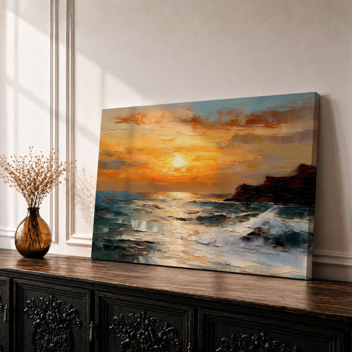 Ocean sunset seascape framed canvas wall art in warm coastal tones