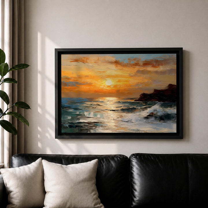 Gallery-ready wall art of ocean sunset with framed finish