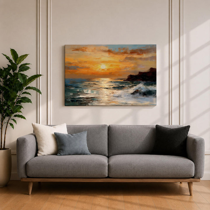 Natural wood frame with protective coating on seascape canvas