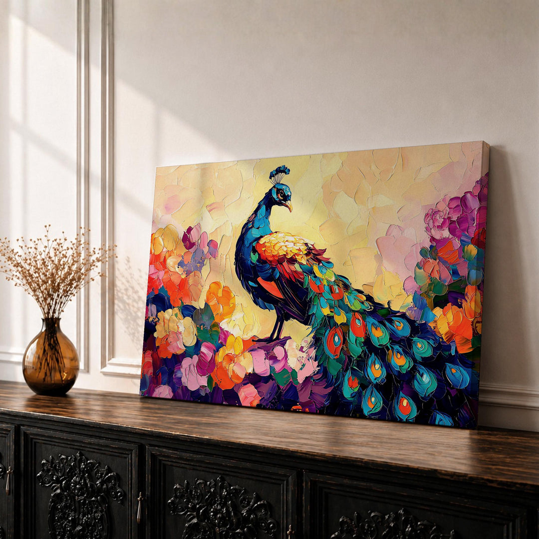 peacock wall art framed canvas close-up showing royal blue feathers
