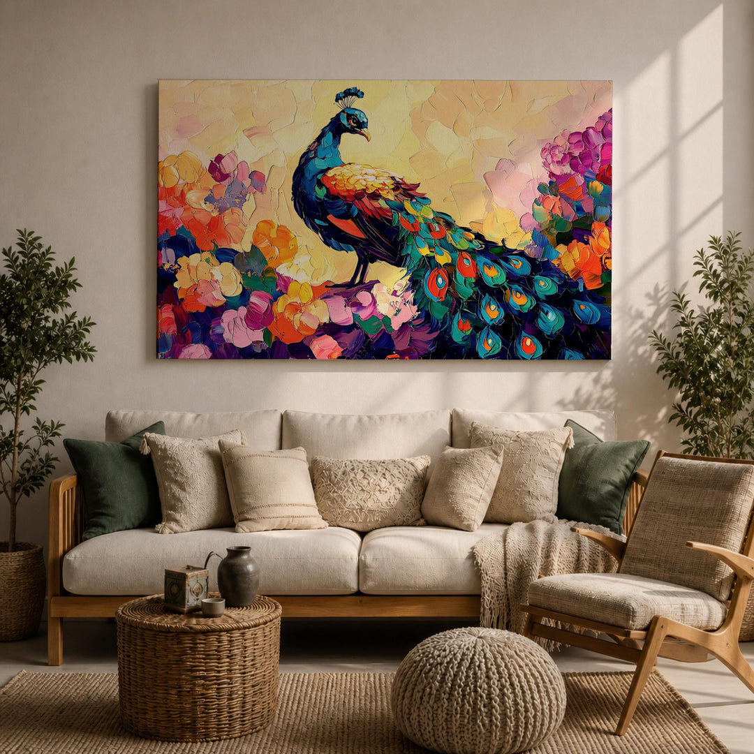 vivid peacock feathers framed canvas with tropical floral accents