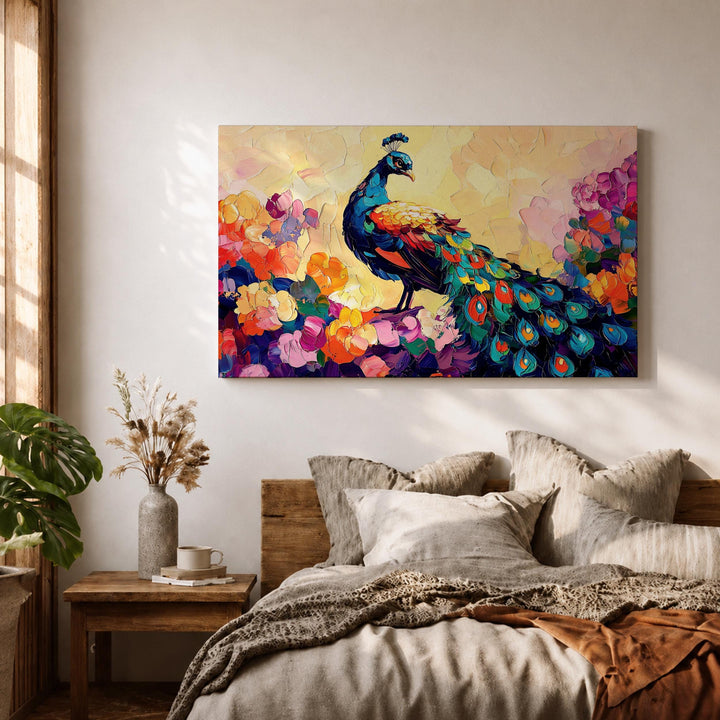 elegant wall art with royal peacock plumage and botanical details