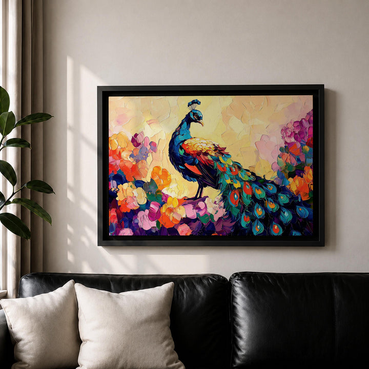 tropical floral backdrop complements the peacock canvas art