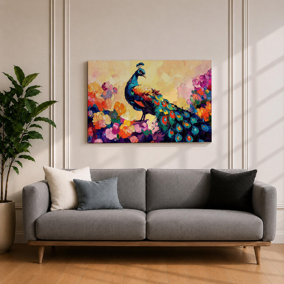 decorative framed wall piece highlighting peacock plumage