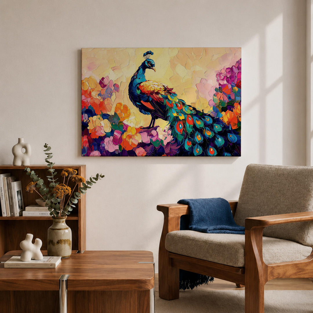 premium framed canvas art with vibrant peacock colors
