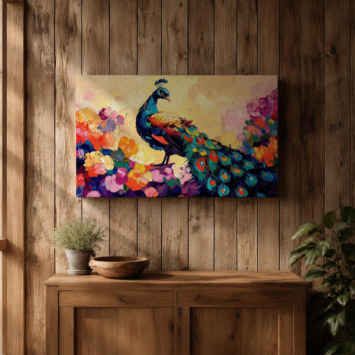 gallery-style canvas print of peacock in floral setting