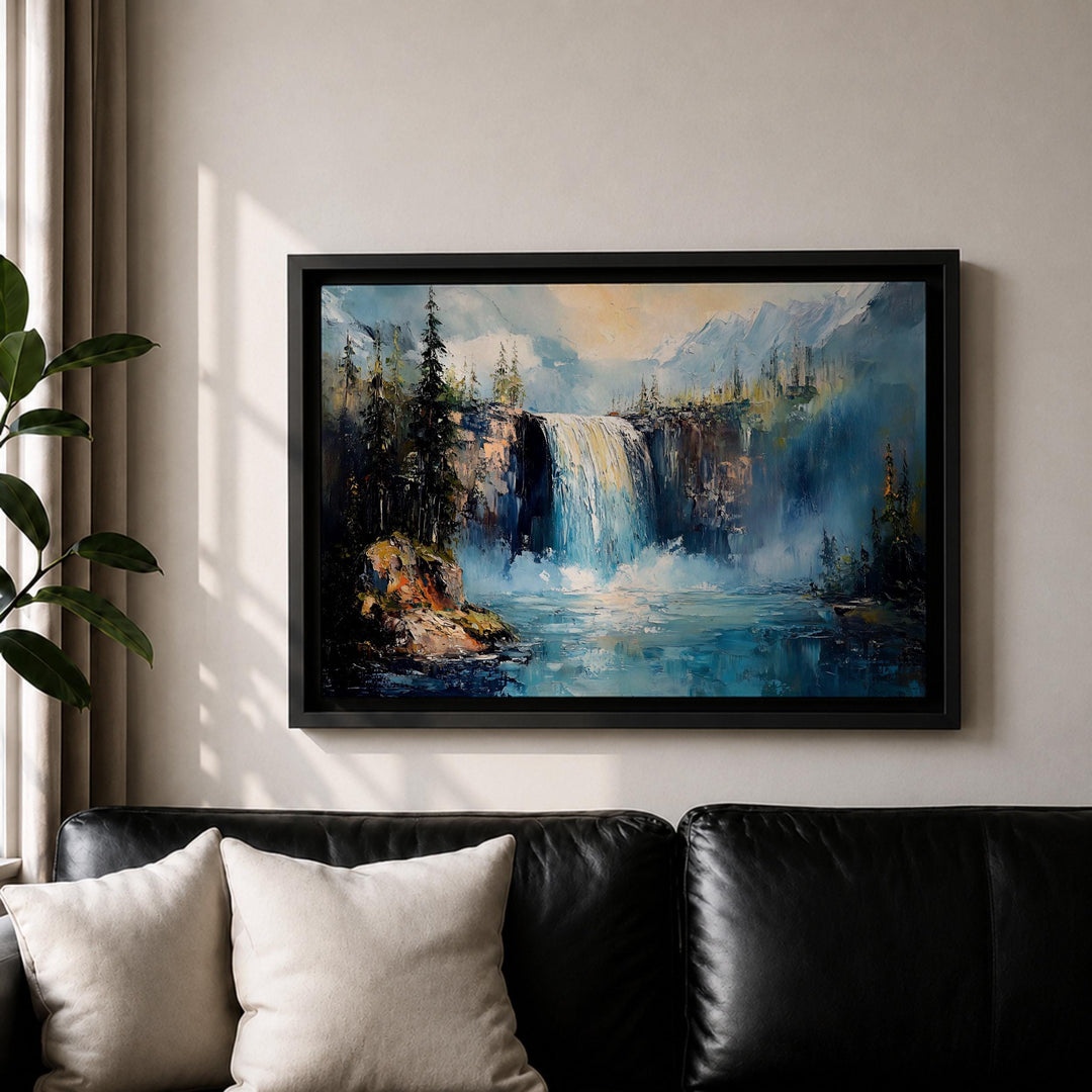 Misty forest waterfall image in natural tones with frame