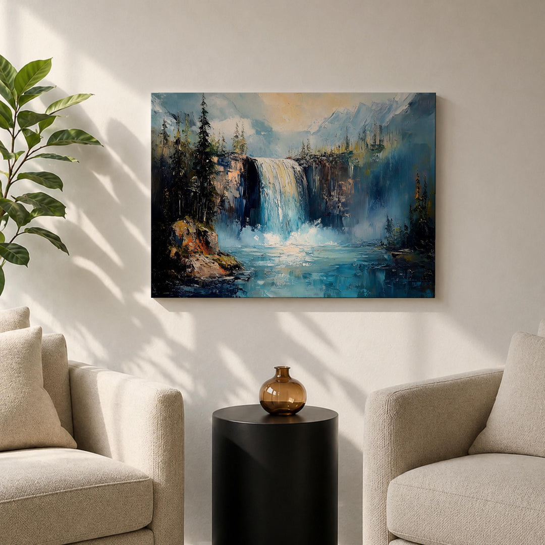 Nature wall art canvas with waterfall and dense trees