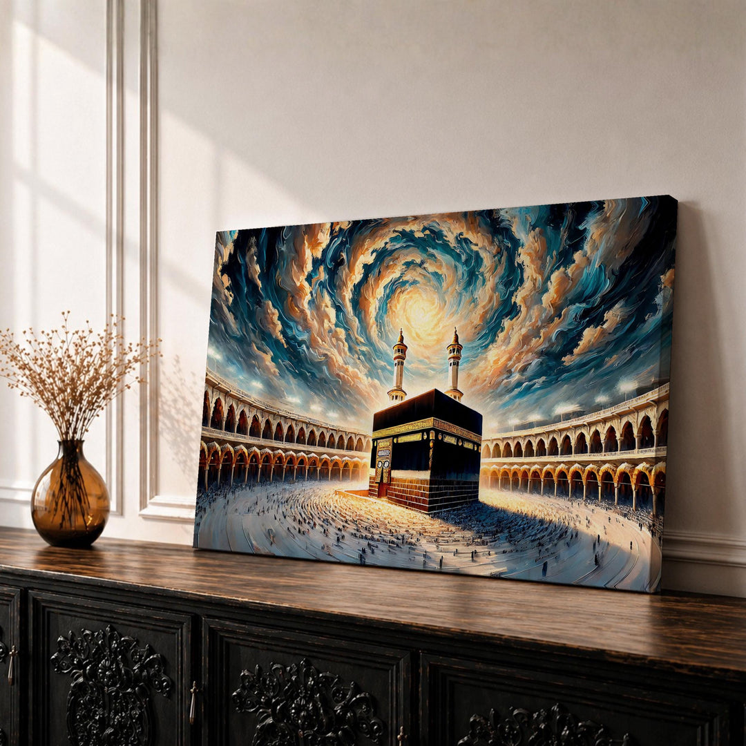 Framed Kaaba wall art with spiral sky abstract design on canvas