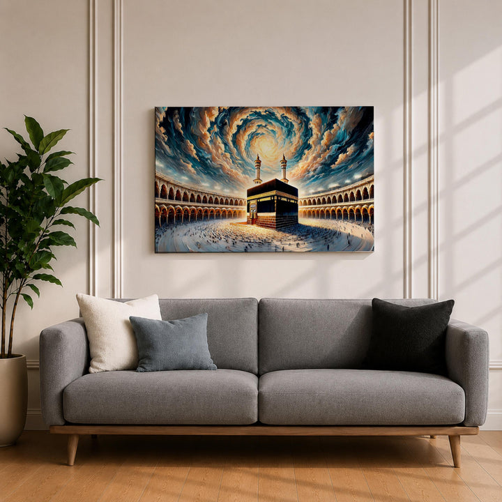 Elegant Kaaba spiral sky canvas with ready-to-hang frame