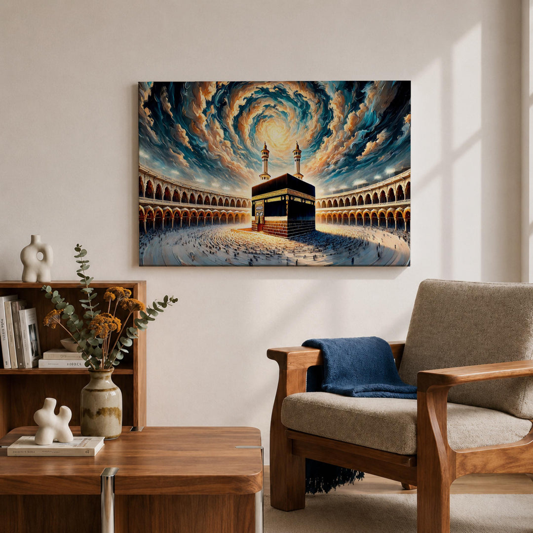 Islamic art wall piece with Kaaba silhouette and spiral sky