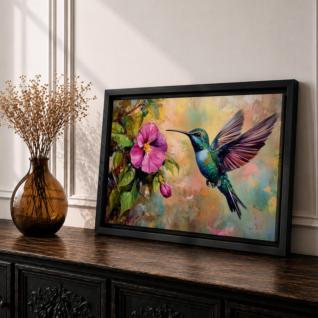 Vibrant hummingbird hovering near tropical blossoms on framed canvas wall art