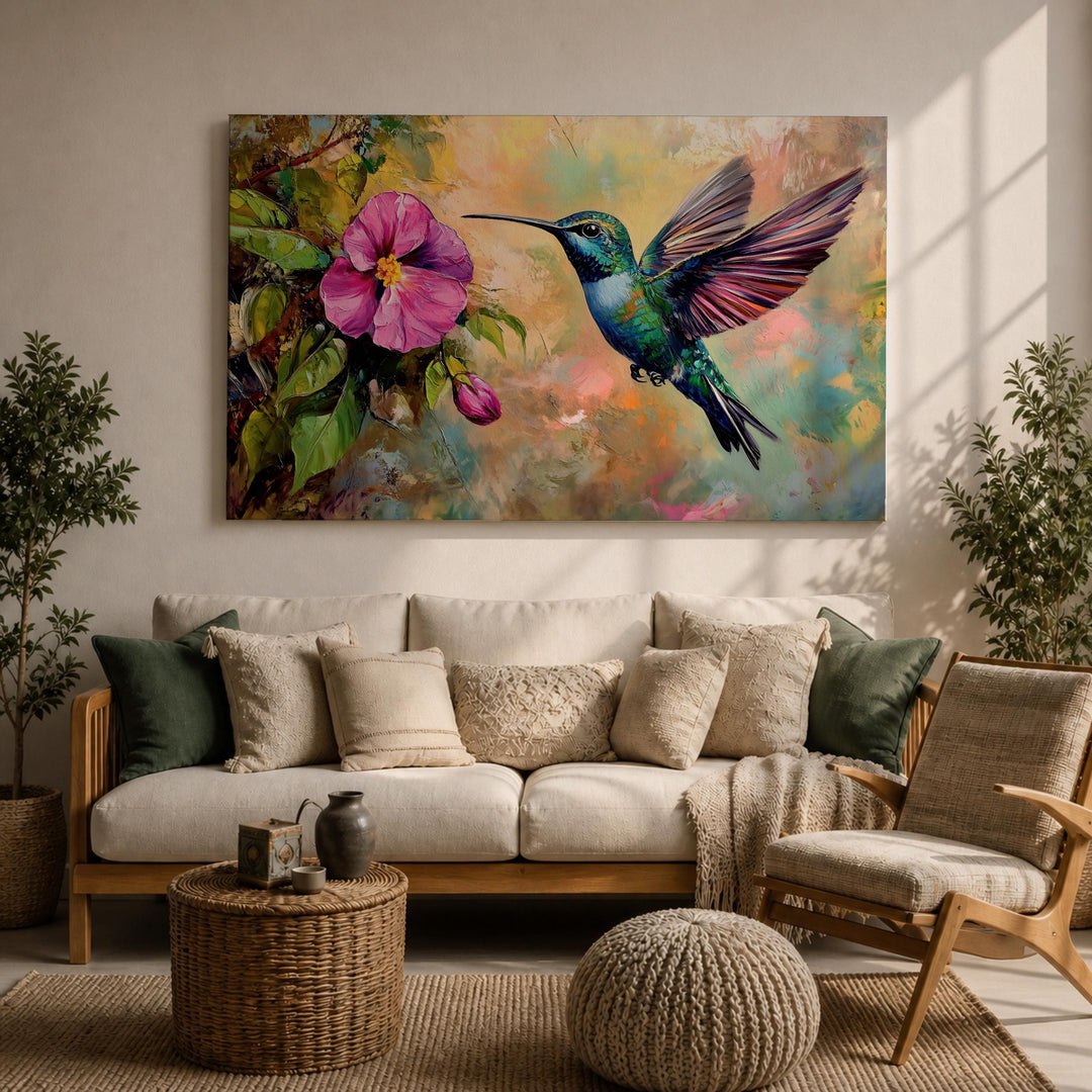 Close-up of botanical leaves and bright hummingbird detail on framed canvas