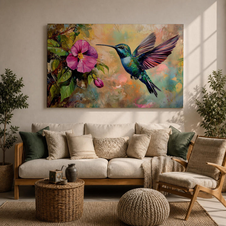 Close-up of botanical leaves and bright hummingbird detail on framed canvas