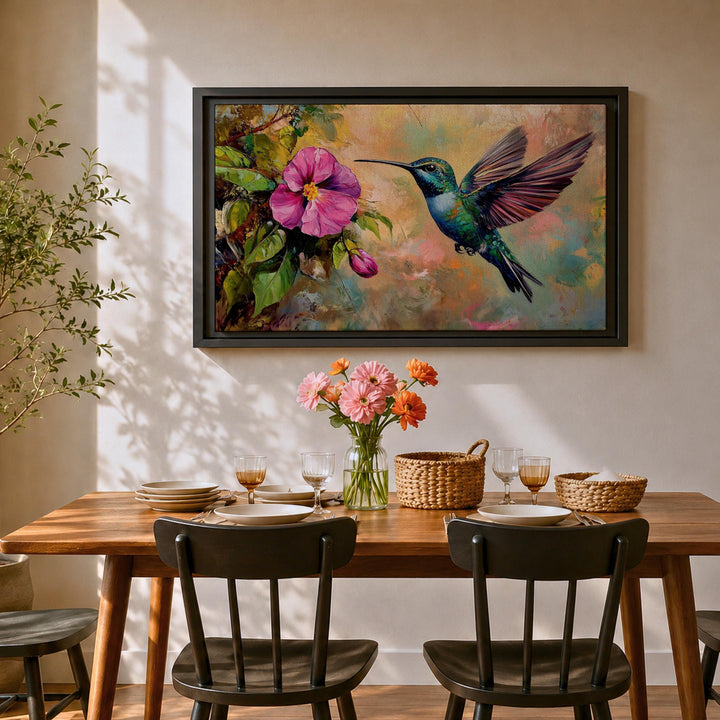 Decorative framed canvas showing lush greenery and colorful hummingbird