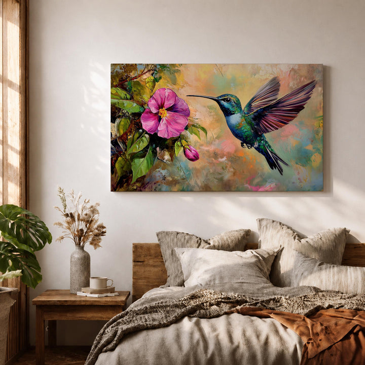 Bird and floral scene on textured canvas with premium frame for wall display