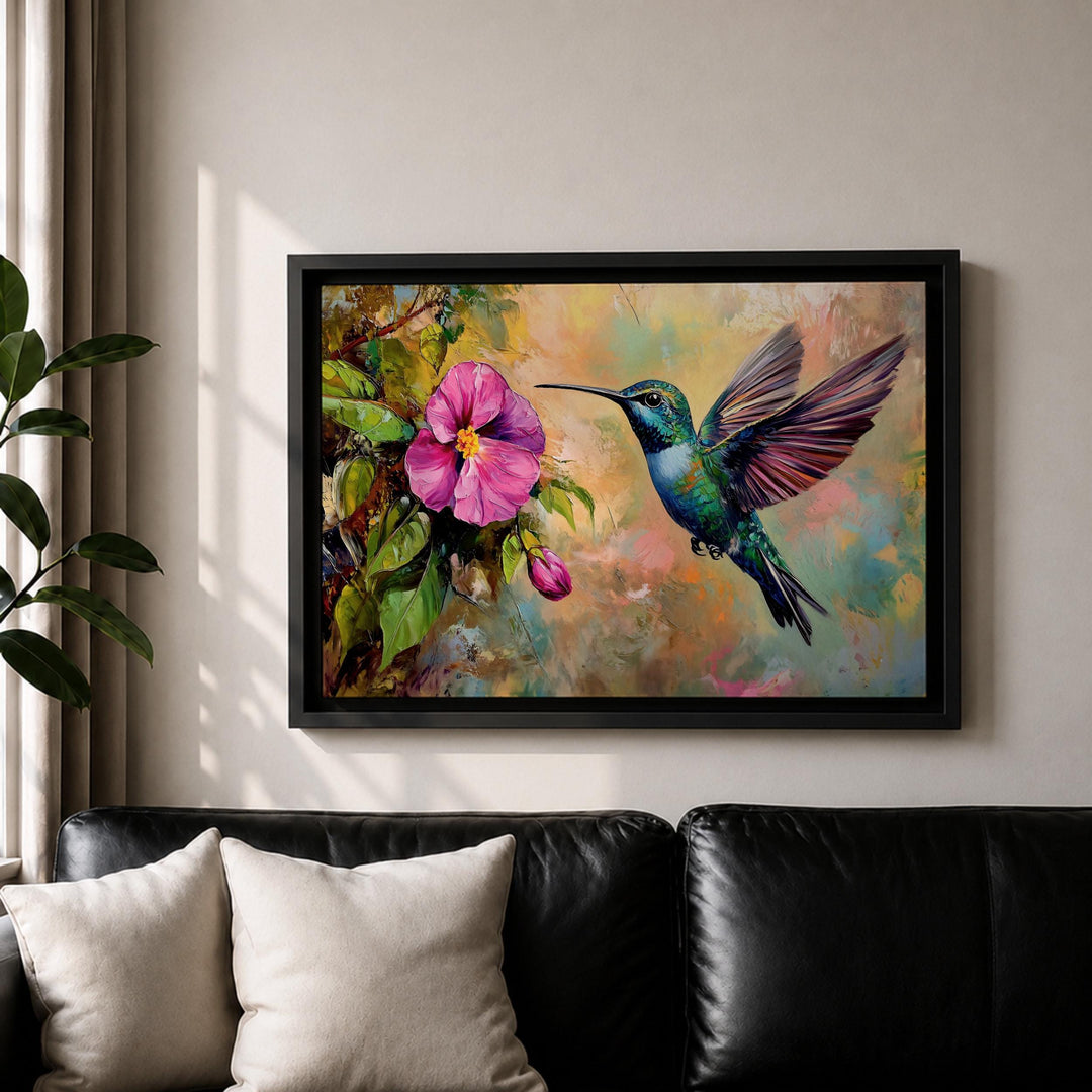 Side angle of framed hummingbird wall art highlighting impasto texture