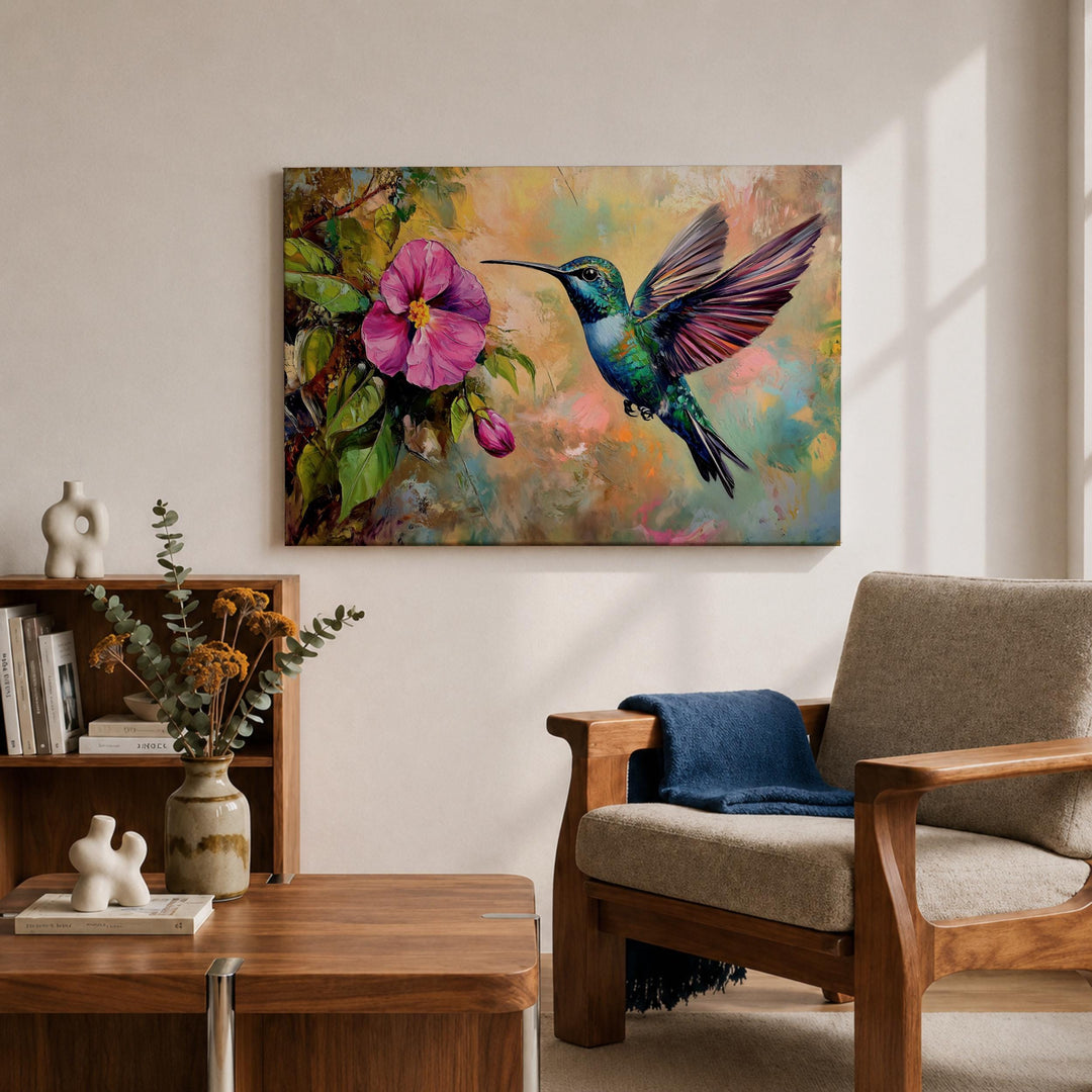 Hummingbird with tropical florals showcased on durable framed canvas