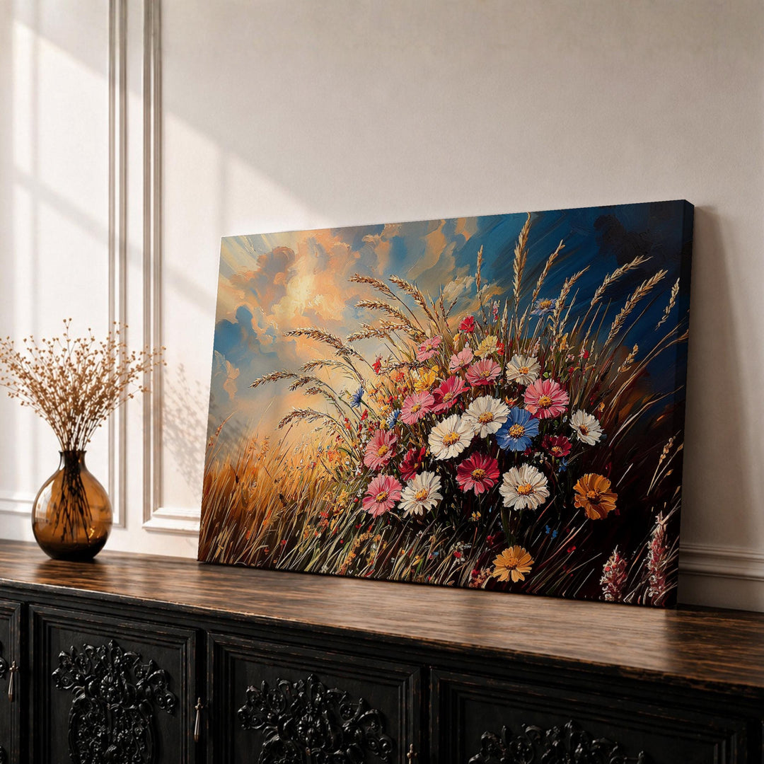 Framed canvas wall art featuring wildflower meadow with rustic wood frame and textured impasto