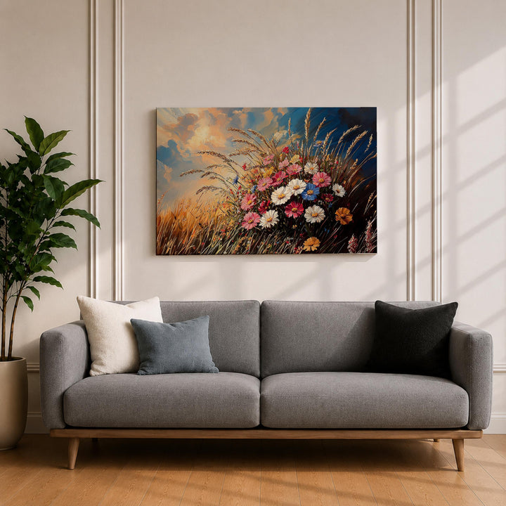 Living room wall decor featuring wildflowers in a framed canvas
