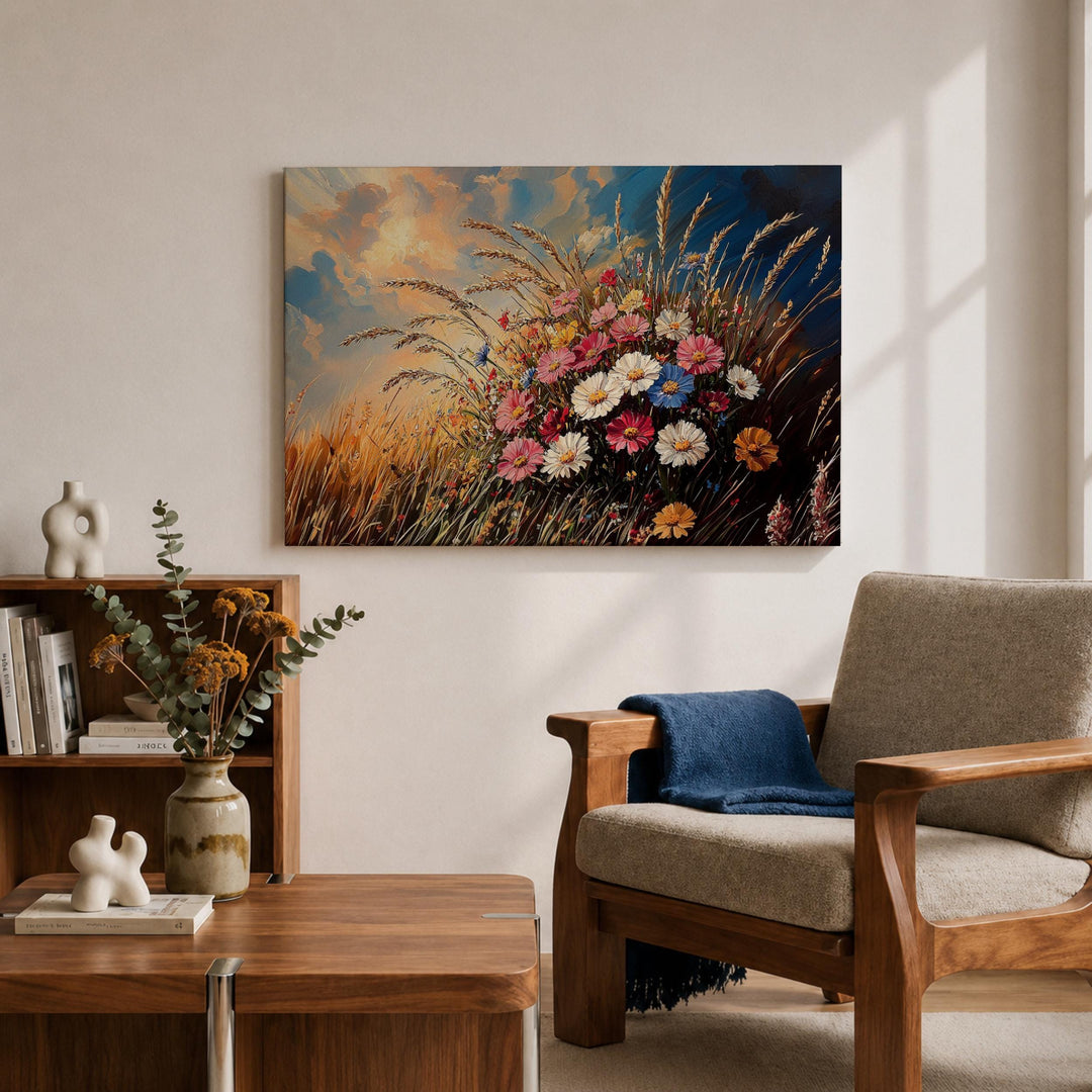 Textured impasto-style wildflower canvas art in a rustic frame