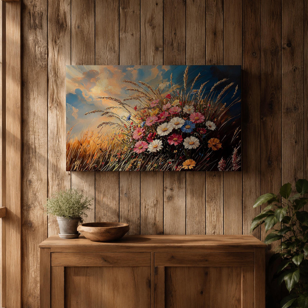 Rustic impasto-style wildflower canvas art ready to hang